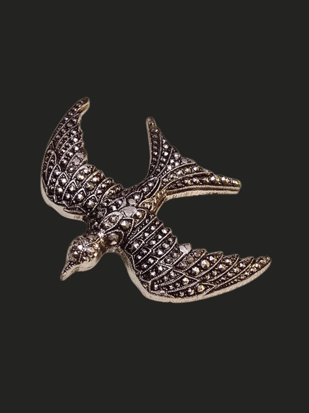 Vintage Swallow Brooch in Eloxal Metal and Faux Marcasites from Germany
